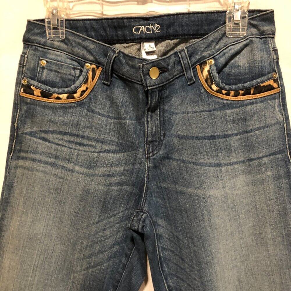 Cache Slight Fade Denim Jean Pant Stretch Animal Print pLeather Trim New NWT $98